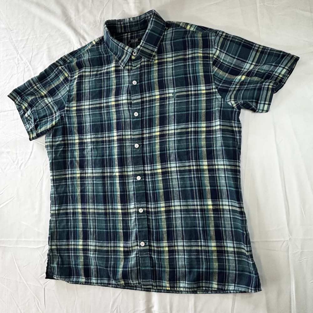 Izod Shirt Men's Size XL Linen‎ Blend Short Sleeve Collar Blue Plaid - Picture 4 of 12